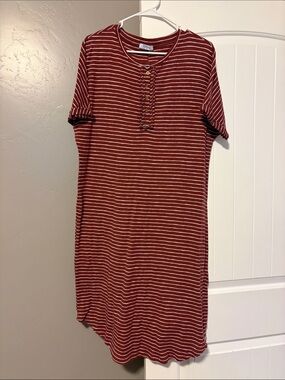 Polagram Rust Red and Cream Striped Henley Mini Dress